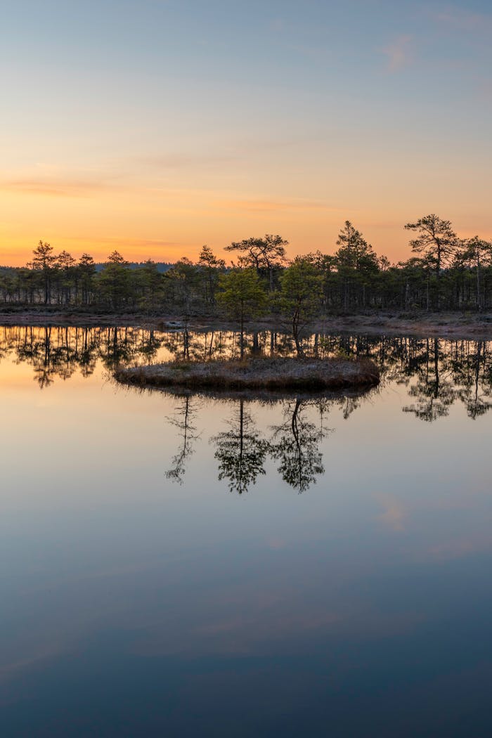Beautiful sunset reflecting over a calm lake with trees in the distance.
