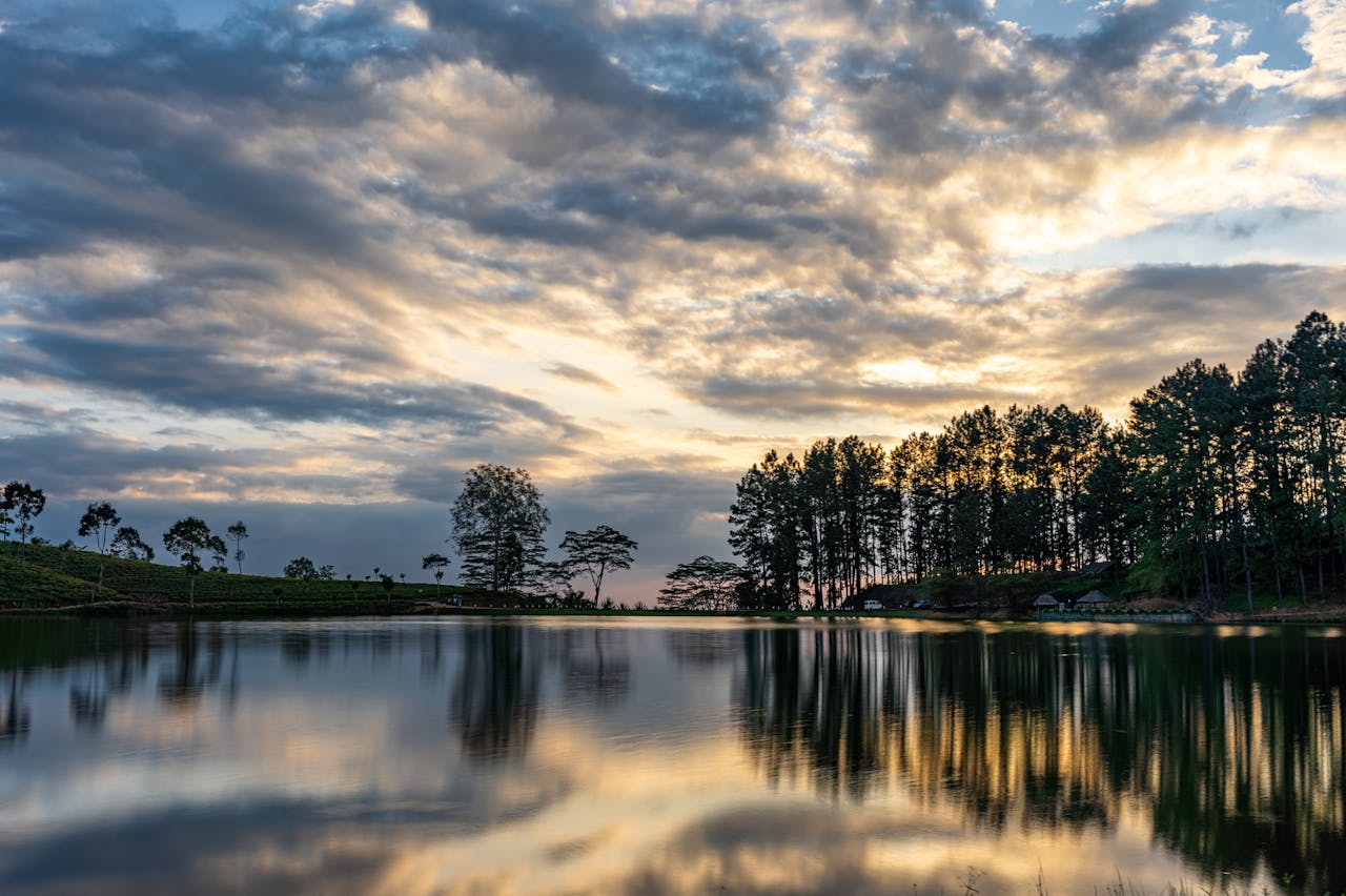 A tranquil lake reflecting a vibrant sunset and tree silhouettes under a dramatic sky.
